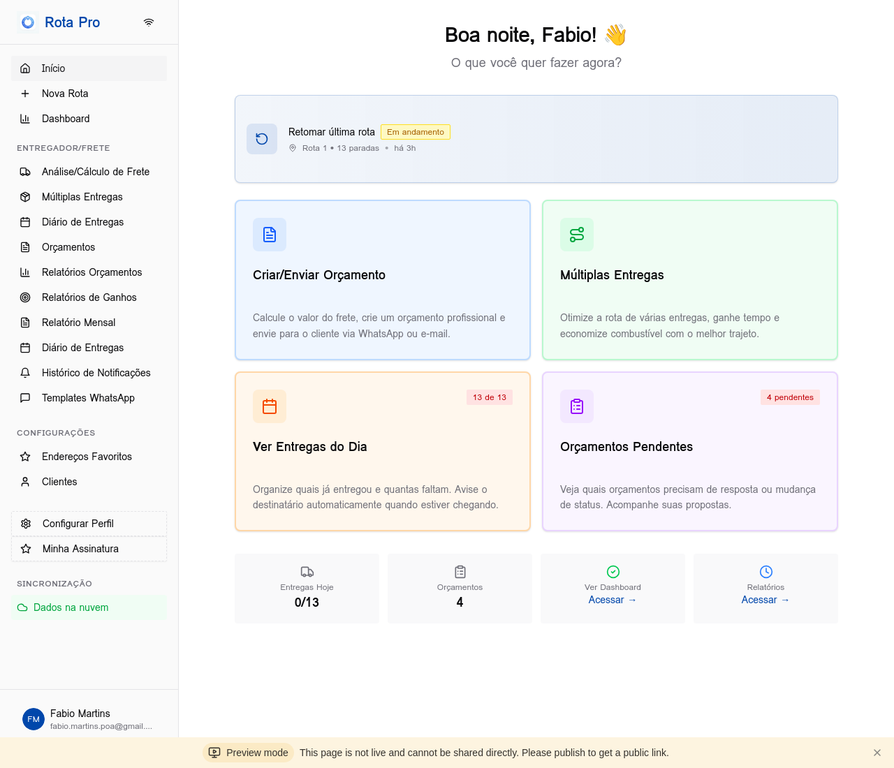 Dashboard do Rota Pro